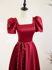 Burgundy Satin Short Sleeve Floor Length Corset Prom Dress, Burgundy Evening Dress with Pearls Gowns, Formal Dress Websites