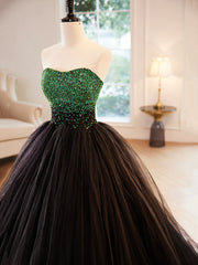 Black Strapless Tulle Long Corset Prom Dress with Green Beaded, A-Line Corset Formal Dress outfit, Bridesmaid Dresses Sales