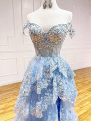 Blue Tulle Sequins Long Corset Prom Dress, Beautiful Off Shoulder Evening Dress outfit, Party Dresses Short Tight