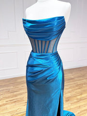 Blue Strapless Pleated Long Corset Prom Dress, Blue Satin Party Dress Outfits, Party Dress And Gown
