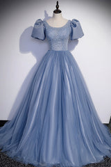 Blue Tulle Beading Long Corset Prom Dresses, A-Line Short Sleeve Evening Dresses outfit, Party Dresses Casual