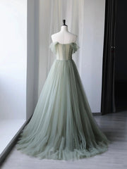 Beautiful Green Tulle Long Corset Prom Dress, Off Shoulder Evening Dress outfit, Bridesmaids Dresses Wedding