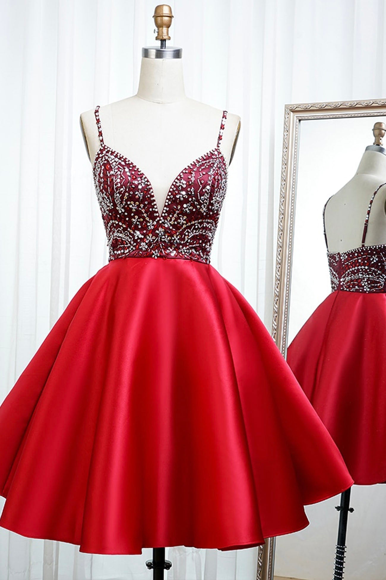 Red Satin Beading Short Corset Prom Dresses, A-Line Corset Homecoming Dresses outfit, Party Dresses Shopping