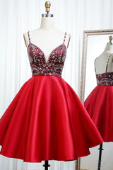 Red Satin Beading Short Corset Prom Dresses, A-Line Corset Homecoming Dresses outfit, Party Dresses Shopping