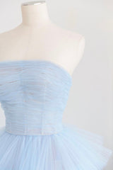 Blue Layers Tulle Long Corset Prom Dresses, A-Line Strapless Evening Dresses outfit, Mermaid Wedding Dress