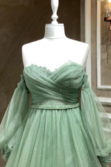 Green Tulle Long Sleeve Corset Prom Dress, A-Line Off the Shoulder Evening Dress outfit, Prom Dresses Outfits Fall Casual