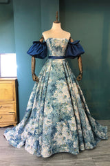 Blue Floral Long Senior Corset Prom Dress, Blue A-Line Evening Dress outfit, Winter Wedding