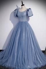 Blue Tulle Beading Long Corset Prom Dresses, A-Line Short Sleeve Evening Dresses outfit, Party Dress Spring