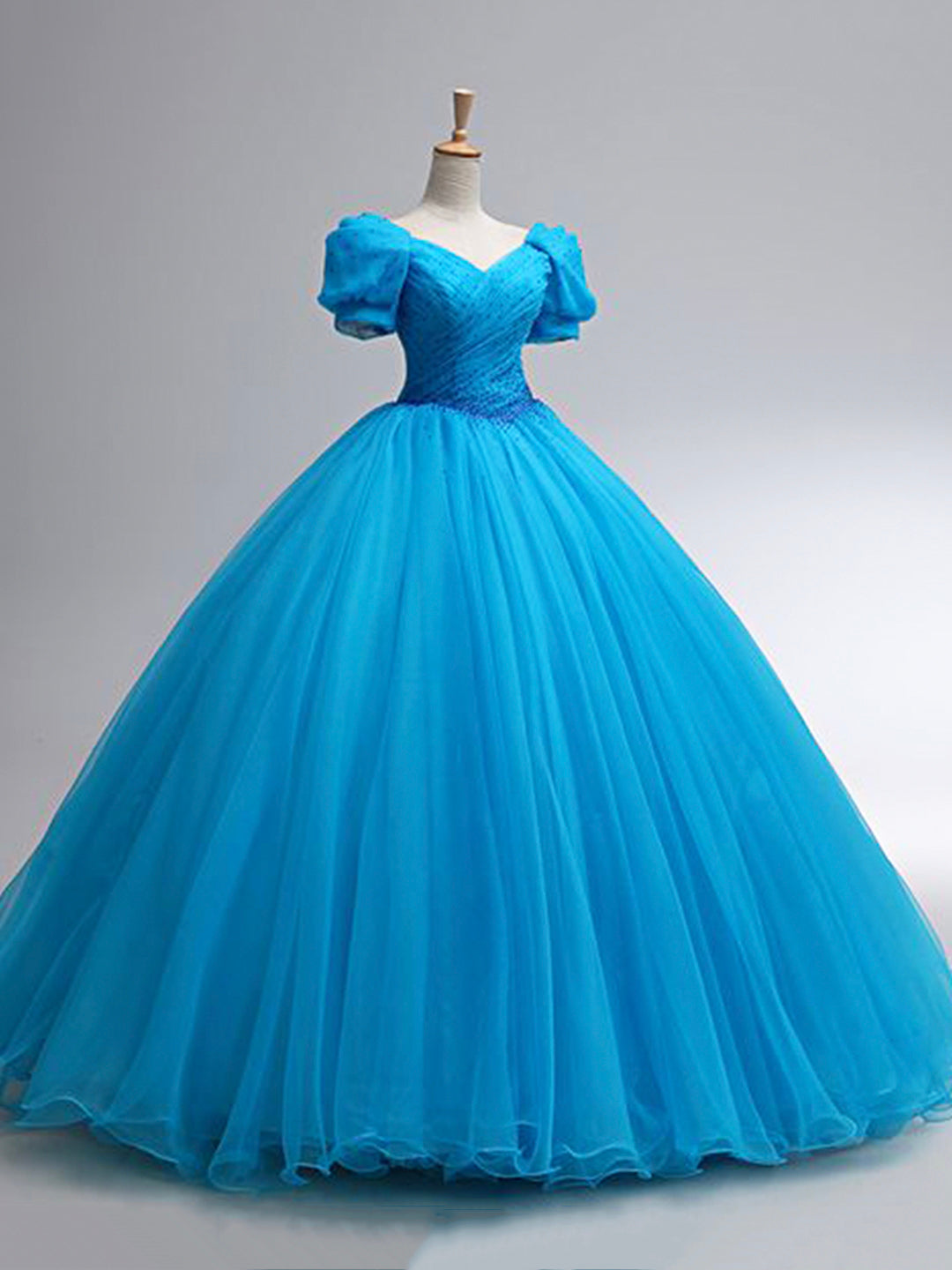 Beautiful Blue Rhinestone Floor Length Corset Prom Dress, A-Line Short Sleeve Evening Dress outfit, Bridesmaid Dresses Mismatched