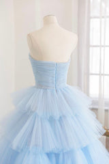 Blue Layers Tulle Long Corset Prom Dresses, A-Line Strapless Evening Dresses outfit, Wedding Photo Ideas