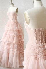 Pink Tulle Lace Long Corset Prom Dresses, A-Line Strapless Evening Dresses outfit, Bridesmaids Dresses White