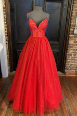 Red Tulle Beading Long Corset Prom Dresses, A-Line Evening Party Dresses outfit, Party Dresses Stores