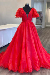 Red Organza Long A-Line Corset Prom Dress, Beautiful V-Neck Evening Dress outfit, Party Dresses Shop