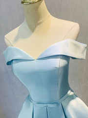 Simple Short Light Blue Satin Party Dress, Blue A-Line Off the Shoulder Evening Dress outfit, Party Dress Look