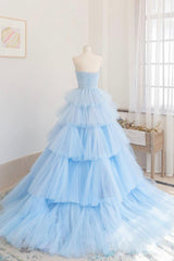 Blue Layers Tulle Long Corset Prom Dresses, A-Line Strapless Evening Dresses outfit, Wedding Inspo