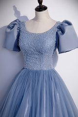 Blue Tulle Beading Long Corset Prom Dresses, A-Line Short Sleeve Evening Dresses outfit, Party Dresses Vintage