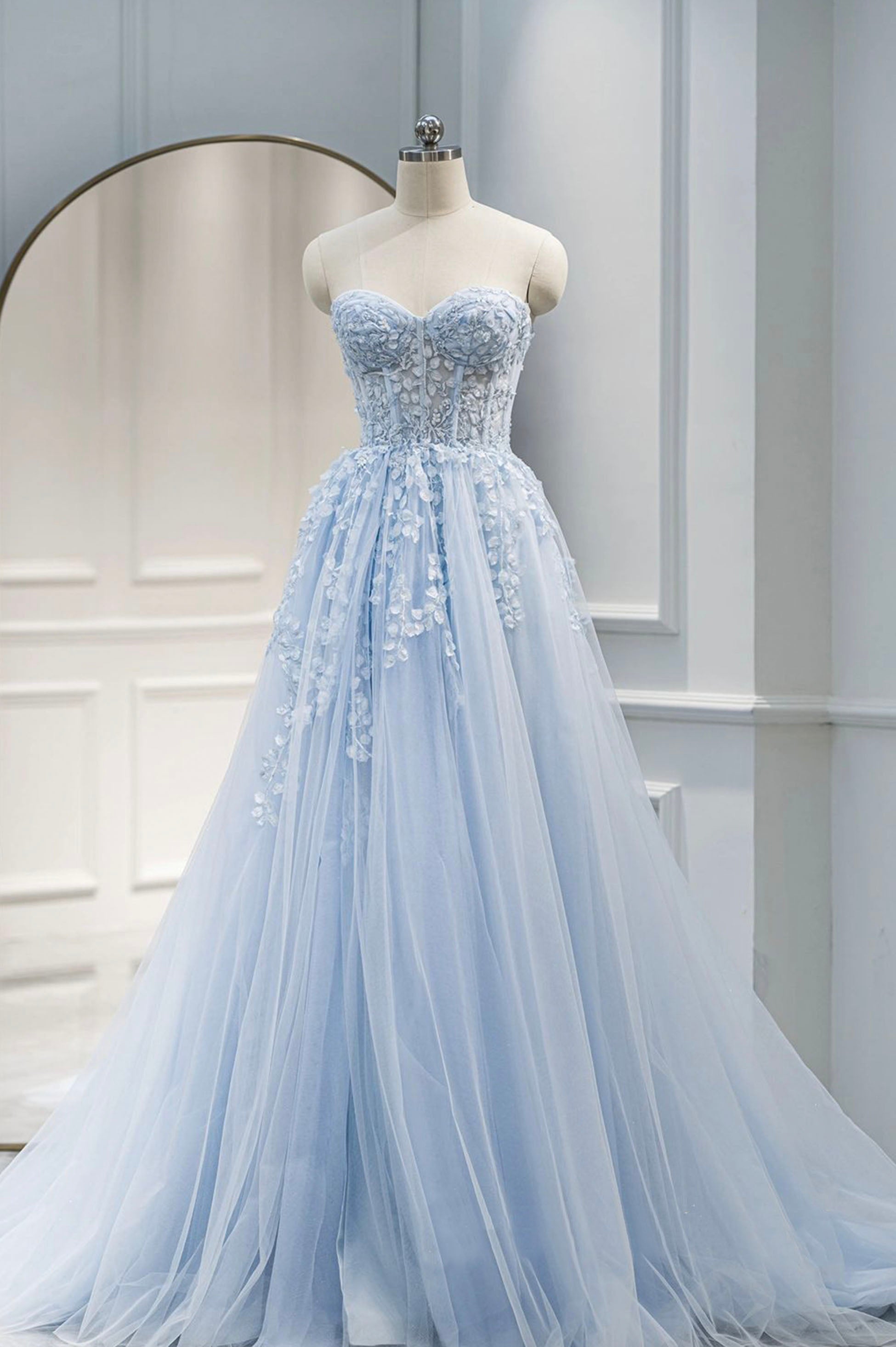 Blue Sweetheart Neck Lace Floor Length Corset Prom Dress, Lovely Blue Evening Dress outfit, Party Dresses Prom