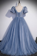 Blue Tulle Beading Long Corset Prom Dresses, A-Line Short Sleeve Evening Dresses outfit, Party Dress Vintage