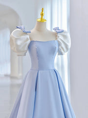 Blue Short Sleeve Saitn Corset Formal Evening Dress, Cute A-Line Junior Corset Prom Dress outfits, Party Dresses Shorts