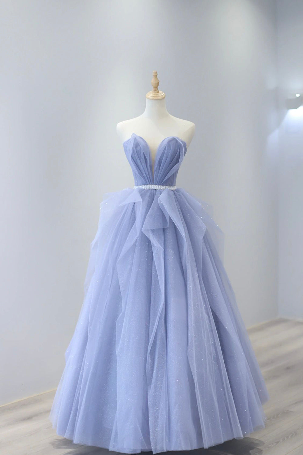 Blue Tulle Strapless Long Corset Prom Dress, A-Line Blue Evening Dress outfit, Party Dress Pattern Free