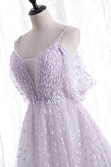 Lovely V-Neck Floral Tulle Long Corset Prom Dress, Lavender A Line Evening Party Dress Outfits, Bridesmaid Dresses Colors