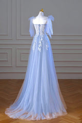Blue Spaghetti Strap Tulle Lace Long Corset Prom Dress, A-Line Evening Party Dress Outfits, Party Dresses Style