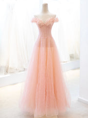 Pink Tulle Sequins Long Corset Prom Dress, A-Line Lovely Evening Party Dress Outfits, Bridesmaid Dress Convertible