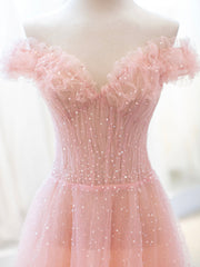 Pink Tulle Sequins Long Corset Prom Dress, A-Line Lovely Evening Party Dress Outfits, Bridesmaid Dresses