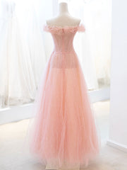 Pink Tulle Sequins Long Corset Prom Dress, A-Line Lovely Evening Party Dress Outfits, Bridesmaid Dresses Emerald Green