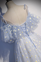 Blue Tulle Long Corset Prom Dresses, Cute A-Line Evening Dresses outfit, Party Dress Sparkle