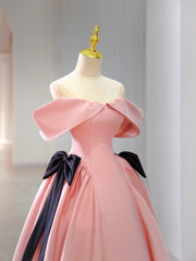 Pink Satin Floor Length Corset Prom Dress, Off Shoulder Party Dress Outfits, Bridesmaids Dress Fall