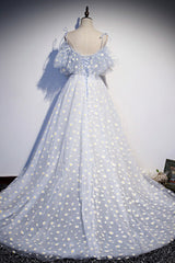 Blue Tulle Long Corset Prom Dresses, Cute A-Line Evening Dresses outfit, Party Dresses Long Sleeve