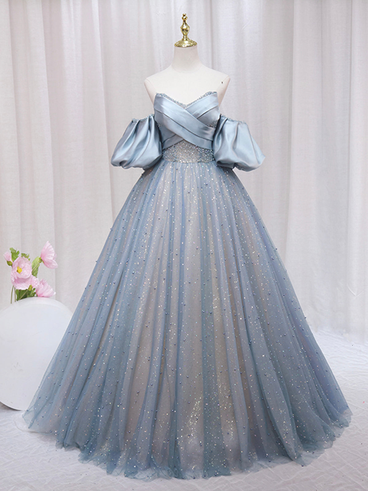 Blue Puff Sleeve Long A-Line Corset Prom Dress, Off the Shoulder Corset Formal Evening Dress outfit, Bridesmaids Dresses Modest