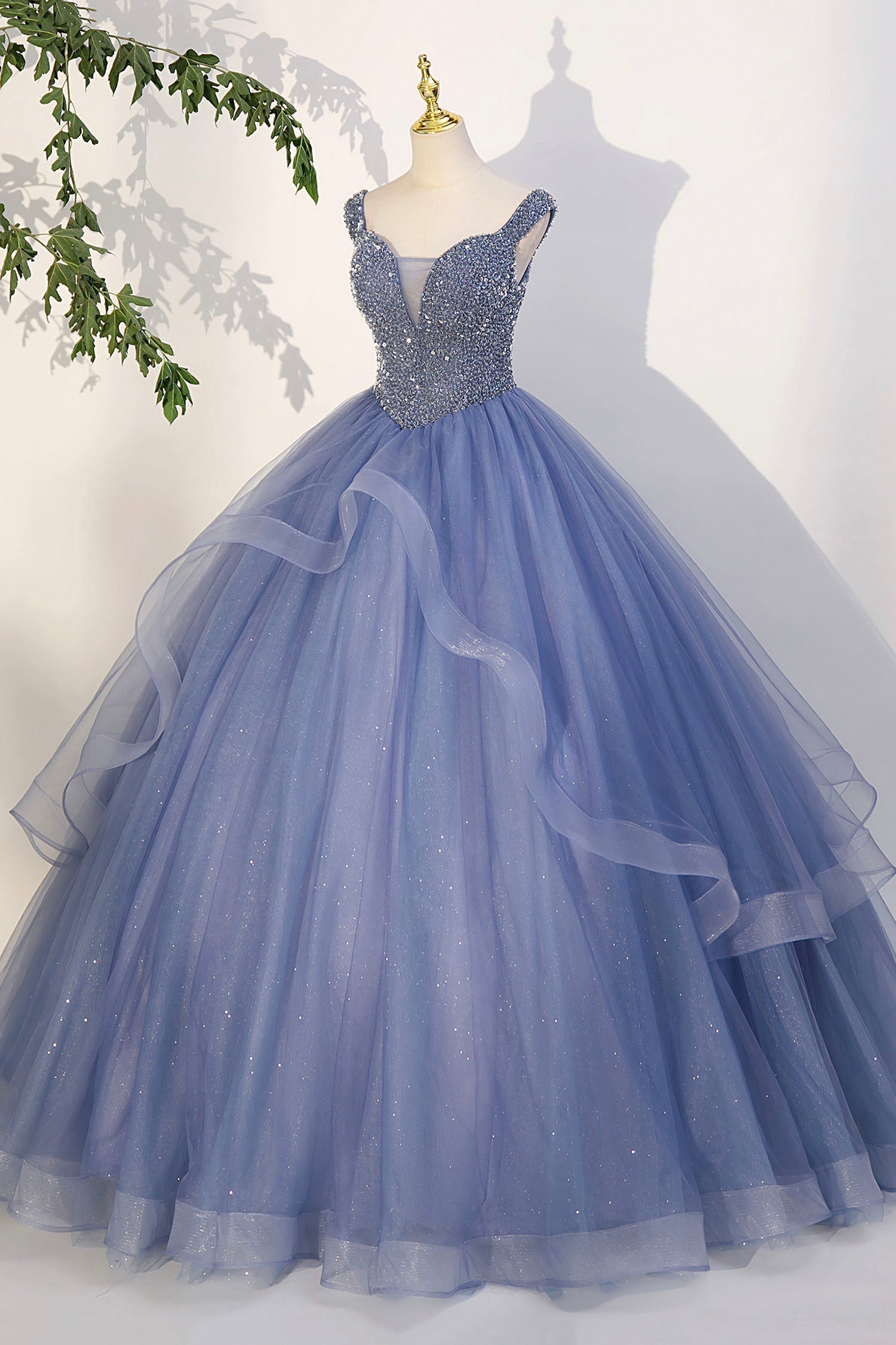 Blue Beaded Tulle Long A-Line Corset Prom Dress, Blue Corset Formal Evening Dress outfit, Long Sleeve Wedding Dress