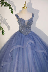 Blue Beaded Tulle Long A-Line Corset Prom Dress, Blue Corset Formal Evening Dress outfit, Bridesmaid Dresses Dusty Blue