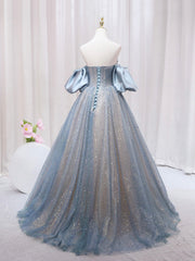 Blue Puff Sleeve Long A-Line Corset Prom Dress, Off the Shoulder Corset Formal Evening Dress outfit, Wedding Photography