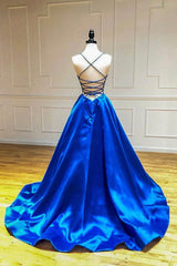 Blue V-Neck Satin Long Corset Prom Dresses, A-Line Backless Evening Dresses outfit, Classy Dress Outfit