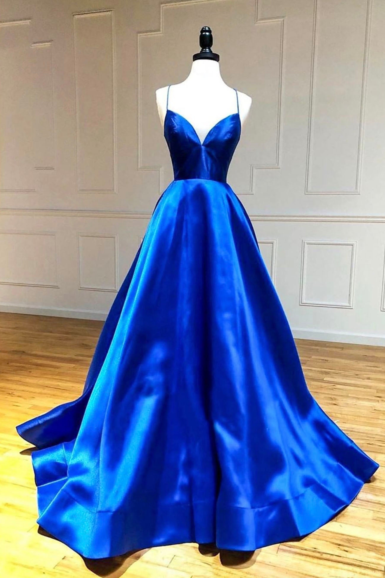 Blue V-Neck Satin Long Corset Prom Dresses, A-Line Backless Evening Dresses outfit, Prom Dress Inspo