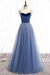 Blue Velvet Tulle Long Corset Prom Dresses, Blue A-Line Evening Dresses outfit, Prom Outfit