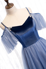 Blue Velvet Tulle Long Corset Prom Dresses, Blue A-Line Evening Dresses outfit, Slip Dress Outfit