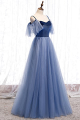 Blue Velvet Tulle Long Corset Prom Dresses, Blue A-Line Evening Dresses outfit, Aesthetic Dress