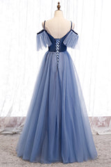 Blue Velvet Tulle Long Corset Prom Dresses, Blue A-Line Evening Dresses outfit, Girlie Dress