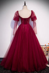 Burgundy Tulle Beading Long Corset Prom Dresses, A-Line Corset Formal Evening Dresses outfit, Formal Dresses Fall