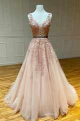 Pink V-Neck Lace Long Corset Prom Dresses, A-Line Tulle Graduation Dresses outfit, Wedding Color Schemes