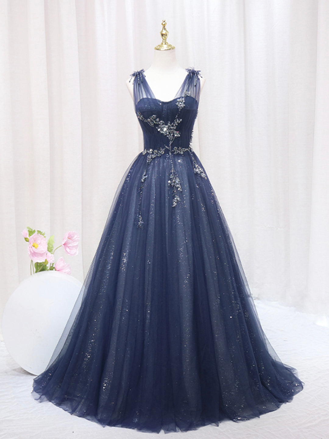 Blue Tulle Beaded Long Corset Prom Dress, Blue Evening Party Dress Outfits, Party Dress New Look