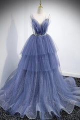 Blue Layers Tulle Long Corset Prom Dresses, A-Line Spaghetti Straps Evening Dresses outfit, Bridesmaids Dresses Peach