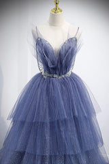 Blue Layers Tulle Long Corset Prom Dresses, A-Line Spaghetti Straps Evening Dresses outfit, Bridesmaid Dress Peach