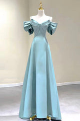 Blue Satin Long A-Line Corset Prom Dress, Off the Shoulder Evening Dress outfit, Pretty Prom Dress