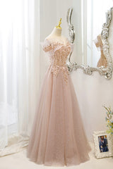 Pink Tulle Sequins Long Corset Prom Dresses, A-Line Off the Shoulder Evening Dresses outfit, Bridesmaid Dresses Earth Tones