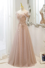 Pink Tulle Sequins Long Corset Prom Dresses, A-Line Off the Shoulder Evening Dresses outfit, Wedding Decor